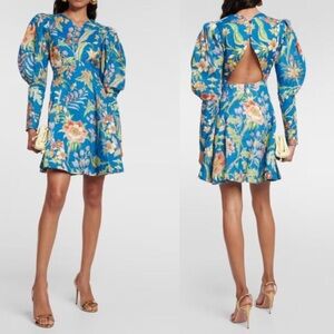 Alémais June Blue Floral Linen Puff Sleeve Mini Dress US 6